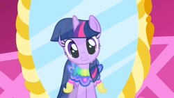 Size: 1280x720 | Tagged: safe, screencap, twilight sparkle, unicorn twilight, pony, unicorn, the ticket master, carousel boutique, clothes, female, head tilt, mare, mirror, saddle, smiling, solo, tack