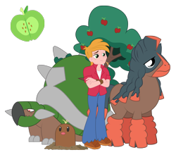 Size: 1356x1209 | Tagged: safe, artist:maretrick, big macintosh, equestria girls, apple, apple tree, cloven hooves, crossed arms, crossover, diglett, giant tortoise, male, mudsdale, pokémon, simple background, torterra, transparent background, tree