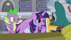 Size: 1920x1080 | Tagged: safe, screencap, bellflower blurb, pokey pierce, sea swirl, seafoam, spike, twilight sparkle, twilight sparkle (alicorn), alicorn, dragon, the point of no return, book, bookshelf, library, saddle bag