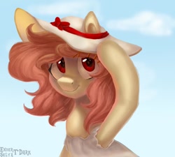 Size: 1500x1349 | Tagged: safe, artist:enderselyatdark, oc, oc only, oc:selya t'dark, pony, bust, clothes, cute, dress, female, hat, looking at you, outdoors, portrait, rcf community, red eyes, sky, smiling, solo, sun hat, sundress, three quarter view