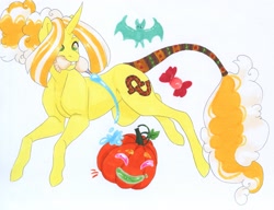 Size: 3766x2898 | Tagged: safe, artist:frozensoulpony, oc, oc only, oc:cocadas, pony, unicorn, halloween, holiday, icing bag, jack-o-lantern, magical lesbian spawn, male, mouth hold, offspring, parent:bon bon, parent:lyra heartstrings, parents:lyrabon, pumpkin, solo, stallion, traditional art