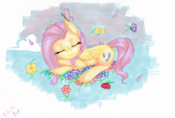 Size: 1607x1077 | Tagged: safe, artist:0okami-0ni, fluttershy, butterfly, pegasus, pony, cute, eyes closed, female, flower, folded wings, head on hoof, mare, partial background, prone, shyabetes, sleeping, solo, traditional art, wings