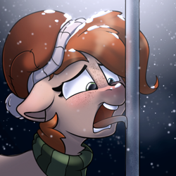 Size: 2348x2345 | Tagged: safe, artist:rexyseven, oc, oc:rusty gears, earth pony, pony, female, mare, snow, solo, tongue stuck to pole