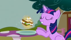 Size: 1280x720 | Tagged: safe, screencap, twilight sparkle, unicorn twilight, pony, unicorn, the ticket master, daffodil and daisy sandwich, eyes closed, female, food, magic, magic aura, mare, plate, ponyville, sandwich, smiling, solo, telekinesis