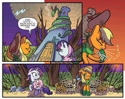 Size: 1936x1542 | Tagged: safe, artist:kate sherron, derpibooru import, idw, applejack, rarity, bird, dragon, earth pony, pony, rabbit, raccoon, squirrel, unicorn, spoiler:comic, spoiler:comic80, animal, clothes, coils, comic, dragon tower, female, mare, official comic, one eye closed, saddle bag, serpent, speech bubble, tower, whistling