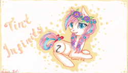 Size: 2228x1274 | Tagged: safe, artist:0okami-0ni, oc, oc only, oc:tint infinity, bow, solo, tail bow, traditional art, wreath