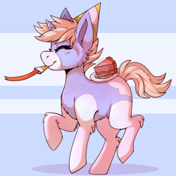 Size: 1200x1200 | Tagged: safe, artist:cinnamonsparx, oc, oc:nootaz, pony, unicorn, cake, female, food, mare, party horn, solo