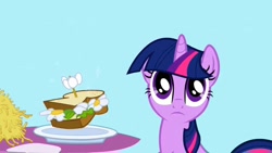 Size: 1280x720 | Tagged: safe, screencap, twilight sparkle, unicorn twilight, pony, unicorn, the ticket master, daffodil and daisy sandwich, female, food, french fries, hay fries, magic, mare, ponyville, sandwich, solo, telekinesis