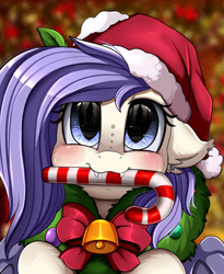 Size: 1446x1764 | Tagged: safe, artist:pridark, oc, oc:star violet, bat pony, pony, bat pony oc, bell, blushing, candy, candy cane, christmas, commission, cute, food, hat, holiday, mouth hold, ocbetes, pridark's christmas ponies, santa hat, solo, wreath, ych result