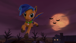 Size: 3840x2160 | Tagged: safe, artist:charlydasher, oc, oc:bluemist, bat pony, pony, 3d, bat pony oc, blood moon, dark, excited, flying, halloween, holiday, male, moon, night, outdoors, source filmmaker, stallion