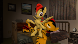 Size: 3840x2160 | Tagged: safe, artist:charlydasher, oc, oc:alpha, oc:golden bullet, pegasus, pony, 3d, alone, bed, bedroom, bedroom ponies, excited, featureless crotch, female, grin, indoors, irritated, male, mare, night, pegasus oc, privacy, sitting on, sitting on pony, smiling, source filmmaker, spread wings, stallion, unamused, we don't normally wear clothes, wide eyes, wingboner, wings