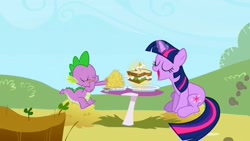 Size: 1280x720 | Tagged: safe, screencap, spike, twilight sparkle, unicorn twilight, dragon, pony, unicorn, the ticket master, daffodil and daisy sandwich, duo, eating, eyes closed, female, food, french fries, hay bale, hay fries, male, mare, ponyville, sandwich