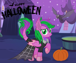 Size: 2528x2104 | Tagged: safe, artist:razorbladetheunicron, oc, oc:firestorm swirl, dracony, hybrid, pony, vampire, vampony, base used, clothes, costume, dragon tail, dragon wings, dress, fake ears, happy halloween, interspecies offspring, lateverse, nightmare night, nightmare night costume, offspring, parent:amethyst star, parent:spike, parents:amespike, scales, solo, wings