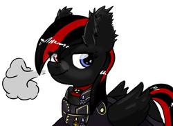 Size: 2045x1487 | Tagged: safe, artist:fluor1te, oc, oc:xeyra, pegasus, pony, breath, button, clothes, collar, ear fluff, female, flag, mare, medals, military uniform, multicolored eyes, ribbon, uniform