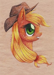 Size: 2425x3368 | Tagged: safe, artist:0okami-0ni, applejack, earth pony, pony, bust, hat, solo, traditional art