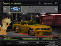 Size: 800x600 | Tagged: safe, applejack, earth pony, pony, car, cowboy hat, female, ford, ford mustang, game screencap, hat, mare, need for speed, need for speed underground 2, solo, stetson, video game