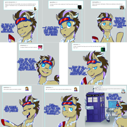 Size: 2254x2254 | Tagged: safe, artist:jitterbugjive, doctor whooves, oc, oc:neosurgeon, pony, doctor who, goggles, lovestruck derpy, solo, tardis