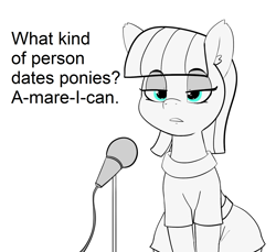 Size: 1500x1376 | Tagged: safe, artist:pabbley, edit, maud pie, earth pony, pony, female, mare, maud the comedian, microphone, monochrome, neo noir, open mouth, partial color, solo, stand-up comedy, text