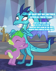 Size: 500x635 | Tagged: safe, edit, edited screencap, screencap, clever musings, princess ember, spike, dragon, pony, school daze, baby, baby dragon, background pony, caption, claws, cropped, cute, dragoness, ember is spike's mother, eyes closed, female, friendship student, headcanon, hug, image macro, immature mother, male, mother and child, mother and son, parent and child, smiling, spread wings, tail, text, toes, wings