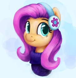 Size: 1280x1314 | Tagged: safe, artist:aemantaslim, fluttershy, pegasus, pony, abstract background, bust, clothes, cute, earmuffs, female, looking at you, mare, portrait, shyabetes, smiling, solo, sweater, sweatershy, three quarter view, winter outfit