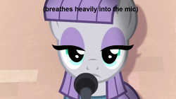 Size: 1274x712 | Tagged: safe, edit, maud pie, the maud couple, heavy breathing, microphone, solo, text