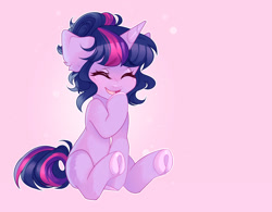 Size: 1920x1501 | Tagged: safe, artist:plnetfawn, twilight sparkle, unicorn twilight, pony, unicorn, alternate hairstyle, colored hooves, cute, ear fluff, eyebrows visible through hair, eyes closed, female, hair bun, mare, open mouth, pink background, simple background, sitting, solo, twiabetes, underhoof