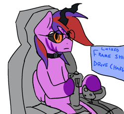 Size: 934x861 | Tagged: safe, artist:fluor1te, oc, oc:nova, alicorn, pony, changeling horn, changeling hybrid, collar, commander, controller, elite: dangerous, facial markings, frame shift drive, glasses, helm, horn, hotas, joystick, male, pilot, stallion, throttle