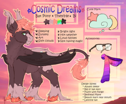 Size: 3900x3235 | Tagged: safe, artist:cosmichorse, oc, oc:cosmic dream, bat pony, pony, bags under eyes, bat wings, big ears, clothes, cloud, cutie mark, dappled, fangs, fluffy, glasses, leonine tail, male, messy mane, nonbinary, pastel, patterned, reference, reference sheet, scarf, solo, stallion, unshorn fetlocks, wings