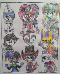 Size: 802x996 | Tagged: safe, artist:tobiisabunny, raven, writing desk, oc, oc:dante the savage imp, human, equestria girls, clown makeup, original character do not steal, photo, the marevolent six, traditional art