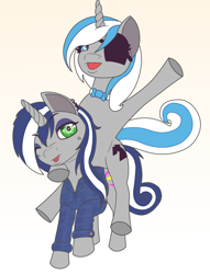 Size: 1940x2534 | Tagged: safe, artist:bleandi, oc, oc:sekr gray, oc:starlit nightcast, pony, unicorn, blue eyes, bowtie, clothes, ear piercing, eyepatch, freckles, green eyes, piercing, ponies riding ponies, riding, shirt, ych result