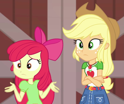 Size: 1201x1014 | Tagged: safe, screencap, apple bloom, applejack, equestria girls, equestria girls series, holidays unwrapped, spoiler:eqg series (season 2), apple bloom's bow, apple sisters, applejack's hat, barn, belt, bow, clothes, cowboy hat, cropped, denim skirt, female, freckles, geode of super strength, hair bow, hat, magical geodes, shrug, siblings, sisters, skirt, stetson, the cider louse fools