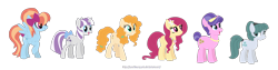 Size: 1280x322 | Tagged: safe, artist:sarahbearquartz, cloudy quartz, cookie crumbles, pear butter, posey shy, twilight velvet, windy whistles, pony, base used, bow, flower, flower in hair, missing accessory, mom six, no glasses, simple background, tail bow, white background, younger