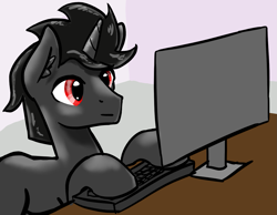 Size: 1385x1073 | Tagged: safe, artist:fluor1te, oc, oc:ekkie, pony, unicorn, computer, keyboard, looking at monitor, male, solo, stallion