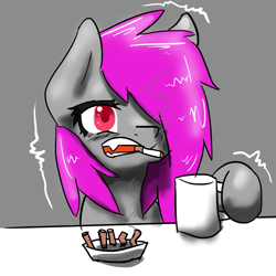 Size: 1281x1281 | Tagged: safe, artist:fluor1te, oc, oc:fluorite, pony, ashtray, caffeine, cigarette, coffee, shaking, solo, table, teeth