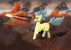 Size: 1063x752 | Tagged: safe, artist:dumbprincess, oc, oc:frizzy brush, earth pony, pony, battlefield, detailed background, digital art, digital painting, fire, smoke, solo, standing, sword, weapon