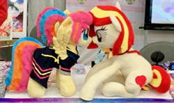 Size: 342x203 | Tagged: safe, artist:babscon, oc, oc:golden gates, oc:poniko, babscon, boop, irl, noseboop, photo, plushie