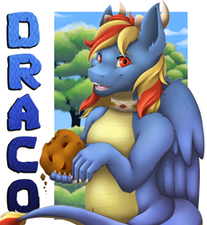 Size: 1838x2000 | Tagged: safe, artist:dunnowhattowrite, oc, oc:draco flames, hybrid, badge, claws, horns, male, solo