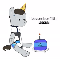 Size: 2424x2392 | Tagged: safe, artist:wolftenpr0nz, pegasus, pony, robot, birthday, birthday cake, cake, candle, clothes, crossover, detroit: become human, food, hat, jacket, male, nines, party hat, ponified, rk900, simple background, sitting, solo, stallion, unimpressed, video game, white background