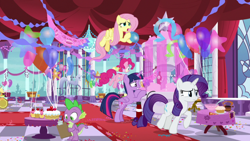 Size: 1920x1080 | Tagged: safe, screencap, applejack, fluttershy, pinkie pie, rarity, spike, twilight sparkle, twilight sparkle (alicorn), alicorn, dragon, earth pony, pegasus, pony, unicorn, between dark and dawn, balloon, bipedal, bipedal leaning, blowing up balloons, cake, clipboard, cupcake, female, food, fountain, holding, leaning, mare, muffin, open mouth, statue, winged spike