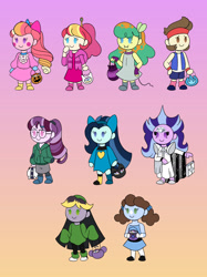 Size: 1280x1707 | Tagged: safe, artist:carouselunique, artist:honeycrisp-tales, pound cake, pumpkin cake, oc, oc only, oc:aero, oc:dolly dusk, oc:honeycrisp blossom, oc:hope, oc:ma belle danseuse, oc:primrose prime, oc:ursula star, equestria girls, adorabat, adventure time, bubbles (powerpuff girls), candy pail, clothes, codename kids next door, costume, crossdressing, equestria girls-ified, fink, gradient background, halloween, halloween costume, infinity train, mao mao: heroes of pure heart, next generation, numbah three, offspring, ok, ok ko let's be heroes, parent:big macintosh, parent:chancellor neighsay, parent:derpy hooves, parent:moondancer, parent:oc:caliper cinch, parent:oc:warden, parent:prince blueblood, parent:princess cadance, parent:rosette nebula, parent:sonata dusk, parent:suri polomare, parents:cadmac, parents:canon x oc, parents:moonblood, parents:warderp, princess bubblegum, steven universe, the powerpuff girls, tulip (infinity train), unikitty, white diamond (steven universe)