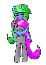 Size: 1440x2041 | Tagged: safe, artist:fluor1te, oc, oc:avocado pone, oc:fluorite, earth pony, pony, unicorn, female, glasses, horse riding a horse, mare, piggyback ride, smiling