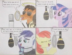 Size: 2811x2158 | Tagged: safe, artist:don2602, apple bloom, coloratura, twilight sparkle, twilight sparkle (alicorn), alicorn, earth pony, pony, comic:g4 we are the world, clothes, end of ponies, eyes closed, halo, jacket, michael jackson, microphone, ponified, raised hoof, recording, sunglasses, traditional art, we are the world