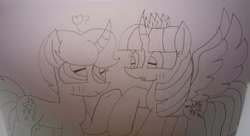 Size: 4603x2501 | Tagged: safe, artist:徐詩珮, spring rain, twilight sparkle, twilight sparkle (alicorn), alicorn, pony, unicorn, female, lesbian, lineart, mare, shipping, springlight, traditional art