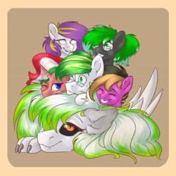 Size: 2160x2160 | Tagged: safe, oc, oc only, oc:kaecus, oc:night star (bat), oc:nocte lumina, oc:redlight rouse, oc:rizi, oc:white night, bat pony, earth pony, hybrid, pony, unicorn, glasses, one eye closed, simple background, smiling