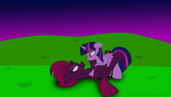 Size: 2385x1356 | Tagged: safe, artist:ejlightning007arts, tempest shadow, twilight sparkle, twilight sparkle (alicorn), alicorn, pony, female, floppy ears, grass, hill, lesbian, looking at each other, lying down, open field, pinned, shipping, sunset, tempestlight