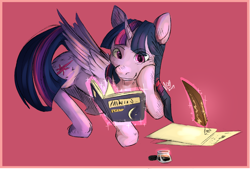 Size: 5902x4000 | Tagged: safe, artist:magentell, twilight sparkle, twilight sparkle (alicorn), alicorn, pony, absurd resolution, book, bookhorse, experimental style, female, inkwell, levitation, magic, paper, pink background, quill, simple background, solo, telekinesis
