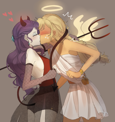 Size: 1500x1587 | Tagged: safe, artist:tcn1205, applejack, rarity, angel, human, equestria girls, adorasexy, blushing, clothes, cute, devil, devil rarity, eyes closed, faceless female, female, halo, humanized, jackabetes, kissing, lesbian, offscreen character, pony coloring, raribetes, rarijack, sexy, shipping, skirt