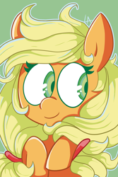 Size: 2400x3600 | Tagged: safe, artist:lambyanxious, part of a set, applejack, earth pony, pony, cute, female, green background, hatless, jackabetes, mare, missing accessory, simple background, smiling, solo