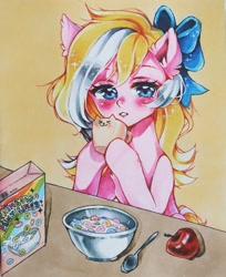 Size: 2249x2762 | Tagged: safe, artist:manekoart, oc, oc only, oc:bay breeze, pegasus, pony, apple, arm hooves, blushing, bow, breakfast, cereal, cute, female, food, hair bow, looking at you, mare, mug, sleepy, traditional art, ych result