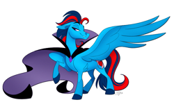 Size: 2383x1493 | Tagged: safe, artist:probablyfakeblonde, oc, oc only, oc:andrew swiftwing, pegasus, pony, undead, vampire, vampony, cape, clothes, costume, dressup, fangs, halloween, halloween costume, holiday, male, pose, raised hoof, solo, stallion, wings